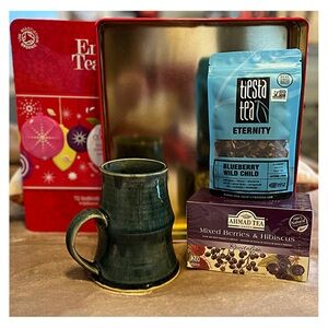 TEA DRINKERS LOT: Green Handmade Mug; Two Berry Teas (loose & bagged); Large Tin